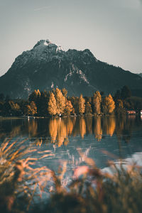 Scenic view of lake and mountains against clear sky