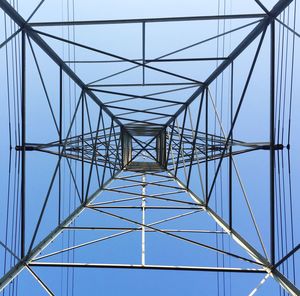 Electricity pylon against clear blue sky