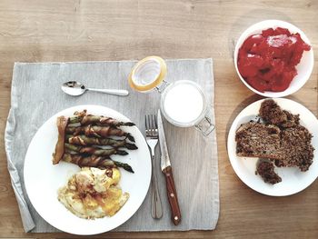 High angle view of breakfast served on table