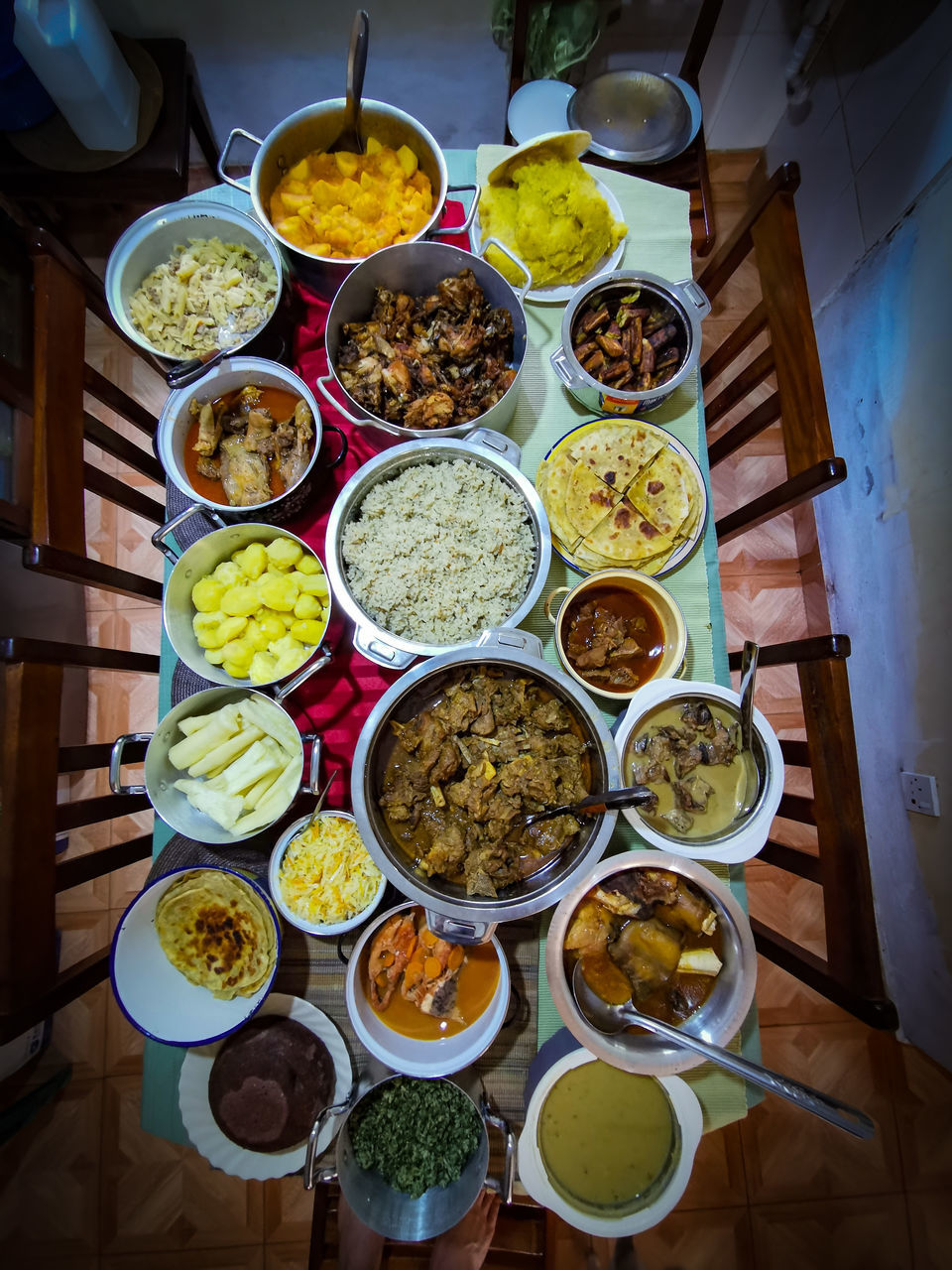 food, food and drink, high angle view, healthy eating, wellbeing, freshness, table, variation, indoors, no people, meal, bowl, directly above, dish, vegetable, asian food, cuisine, still life, abundance, plate