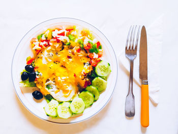 High angle view of breakfast served on table