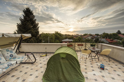 High angle view of tent on swimming pool against sky