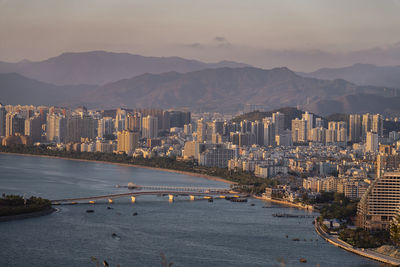 High angle view of city at waterfront