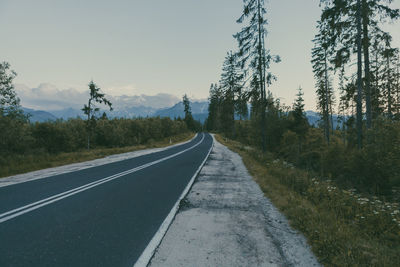 Empty road amidst trees against sky