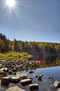 Scenic view of lake against sky on sunny day