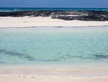 Scenic view of beach against blue sky