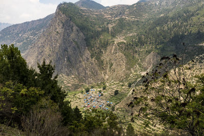 High angle view of trees and mountains