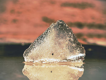 Melting ice of frozen muddy water. light brown and pink ice, sun reflections.