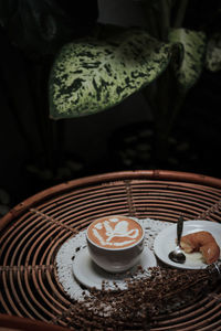 High angle view of coffee served on table