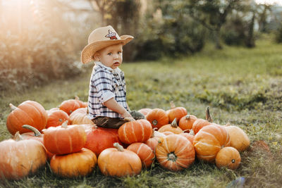 A boy in a cowboy costume for halloween is sitting on a pile of pumpkins. holiday, halloween