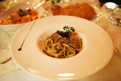 Close up dish of tagliatelle pasta al deer ragu in bolognese sauce