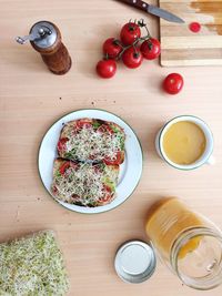 High angle view of breakfast on table