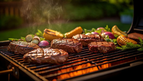 Close-up of meat on barbecue grill