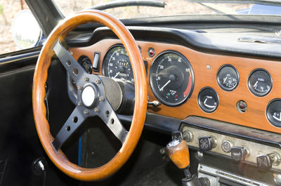 Close-up of steering wheel in vintage car