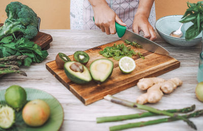 High angle view of vegetables on cutting board