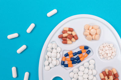High angle view of various eggs on table