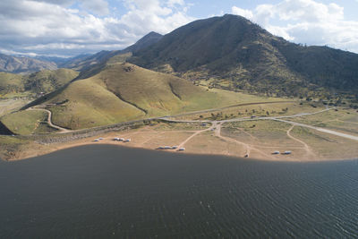 Isabella lake in california. beautiful cloudy sky and mountain in background. bright sunny day