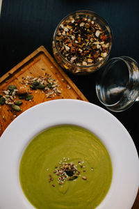 High angle view of drink in bowl on table