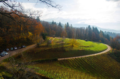 Scenic view of landscape against sky during autumn