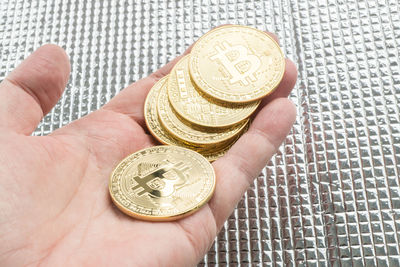 Cropped hand holding bitcoins