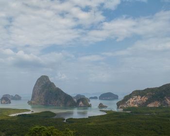 Scenic view of sea and rocks against sky