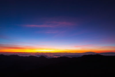 Scenic view of silhouette mountains against sky during sunset