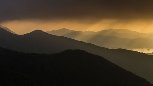 Scenic shot of silhouette mountain range at dusk