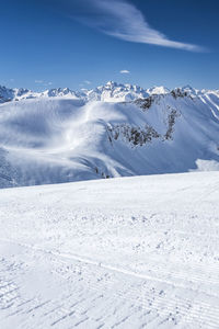 Scenic view of snow covered mountains against sky