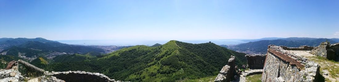 Panoramic view of mountains against clear sky