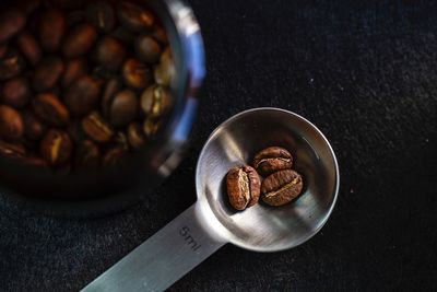 High angle view of coffee beans on table