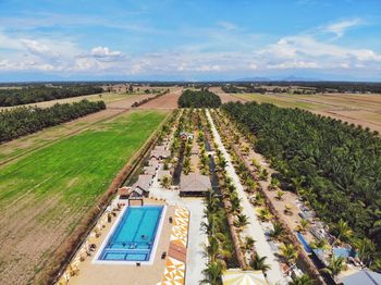 High angle view of agricultural field against sky