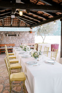 Empty chairs and tables in restaurant