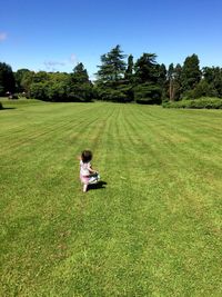 Rear view of baby girl playing on grassy field at park during sunny day