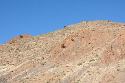 Low angle view of mountain against clear blue sky