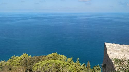 High angle view of sea against blue sky