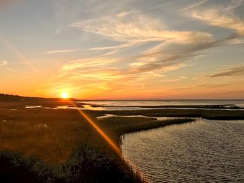 Scenic view of beach against sky during sunset