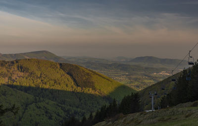 Scenic view of mountains against sky during sunset