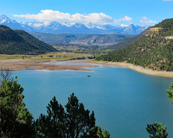 Scenic view of lake and mountains against sky