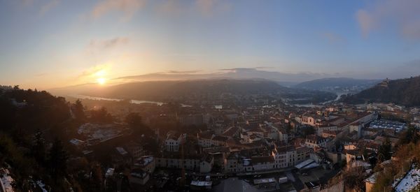 High angle view of townscape against sky during sunset