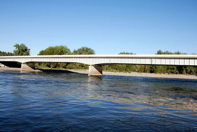 Bridge over river against clear blue sky