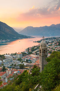 High angle view of town at waterfront