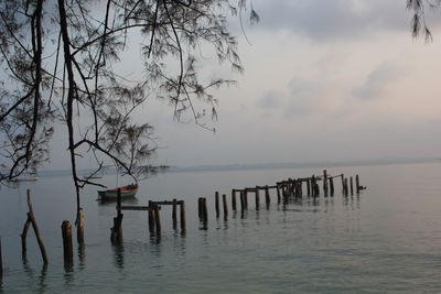 Wooden posts in sea against sky