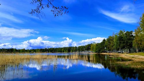 Scenic view of lake against blue sky