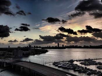 Scenic view of river by buildings against sky at sunset