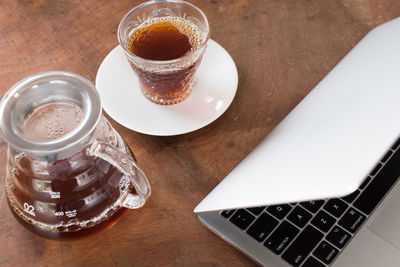 High angle view of coffee cup on table