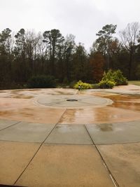 View of wet footpath by trees against sky