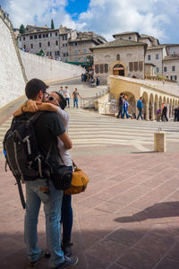 Rear view of people on town square