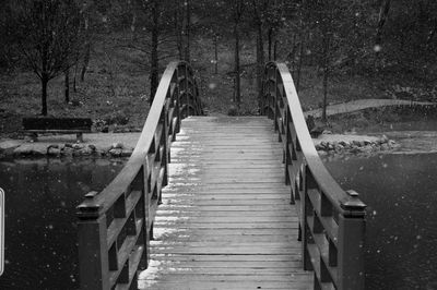 Wooden footbridge over water in forest