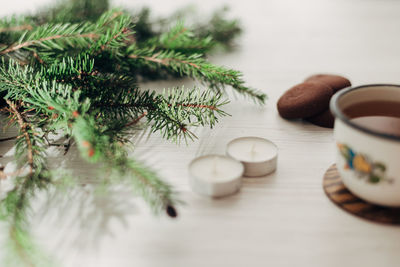 Close-up of christmas decorations on table