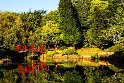 Arch bridge over lake against trees